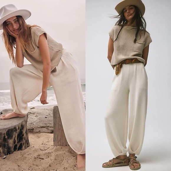 Free People Cream Wide-Leg Pants - Picture 1 of 7